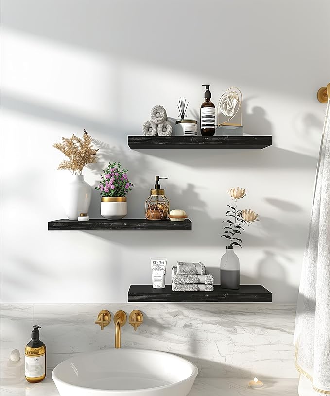 Wood Floating Shelves for Wall Decor, Rustic Wall Shelves for Bedroom Bathroom Kitchen Living Room, Set of 6 Black-Ruum Studio Home