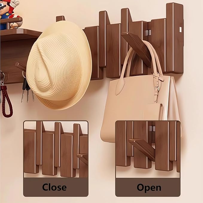 Wall Mounted Piano Key Hanger | Flip Style Hook | Entrance Wall Art Hook, Made of Oak Wood (3 Times Painted, 4 Times Polished) (Fence Walnut, 10Hooks)-Ruum Studio Home