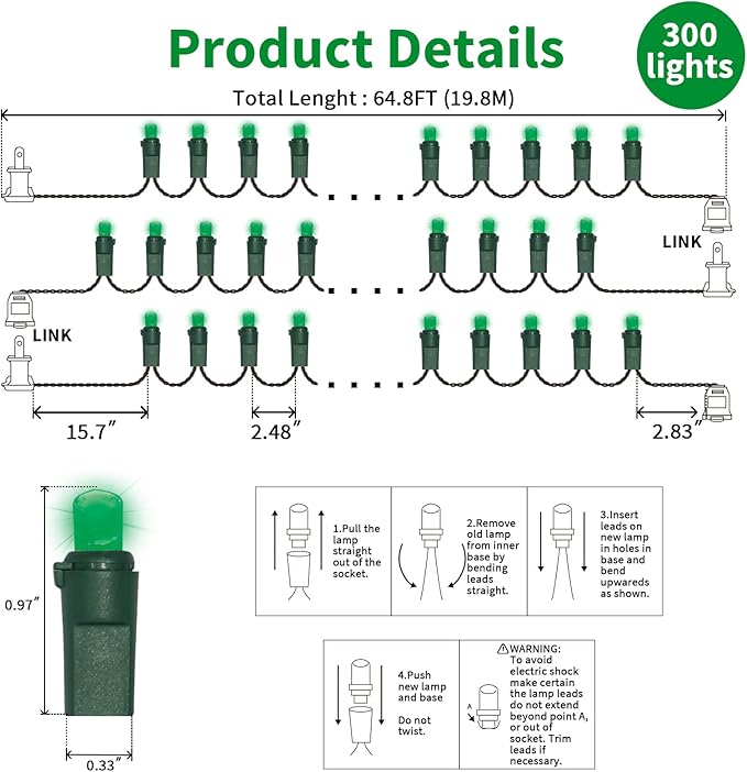 Green Wide Angle LED Christmas Lights, 64.8 Ft 300 Count, Pack of 3 Strands 21.9 Ft 100 Lights UL Certified Commercial Grade Green Wire 5mm Holiday String Light-Ruum Studio Home
