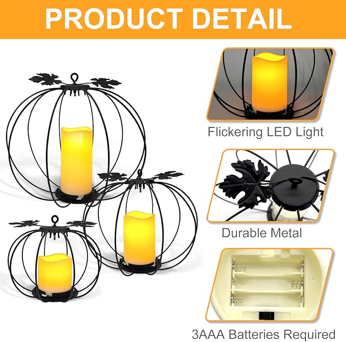 Halloween Metal Pumpkin Candle Holder, 3 Pcs Light up Black Pumpkin Lantern with LED Flickering Yellow Candle Lights Build in Timer for Thanksgiving Halloween Harvest Fall Home Decor-Ruum Studio Home