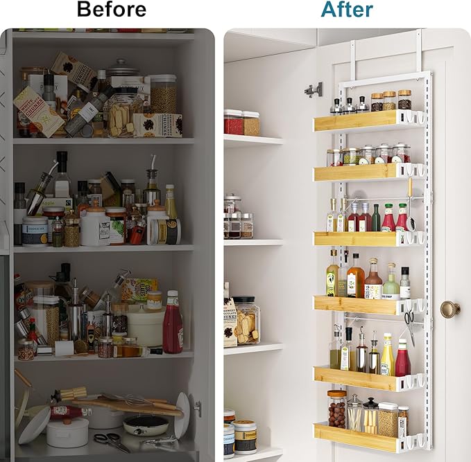 bukfen Over the Door Pantry Organizer 6-Tier Adjustable Basket Kitchen Pantry Door Organization and Storage, 2 in 1 Wall Mount or Hanging Heavy-Duty Metal Hanging Kitchen Spice Rack,White Bamboo Color-Ruum Studio Home