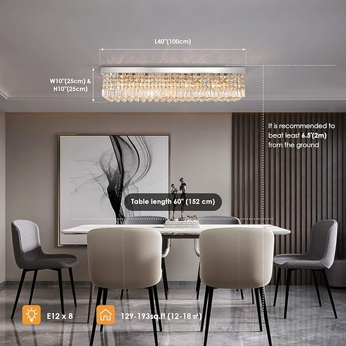 Siljoy Modern Crystal Chandelier 8-Lights Rectangular Flush Mount Pendant Ceiling Light Fixture Rectangle K9 Crystal Raindrop Chandelier for Dining Living Room Kitchen Island L40'' x W10'' x H10'-Ruum Studio Home