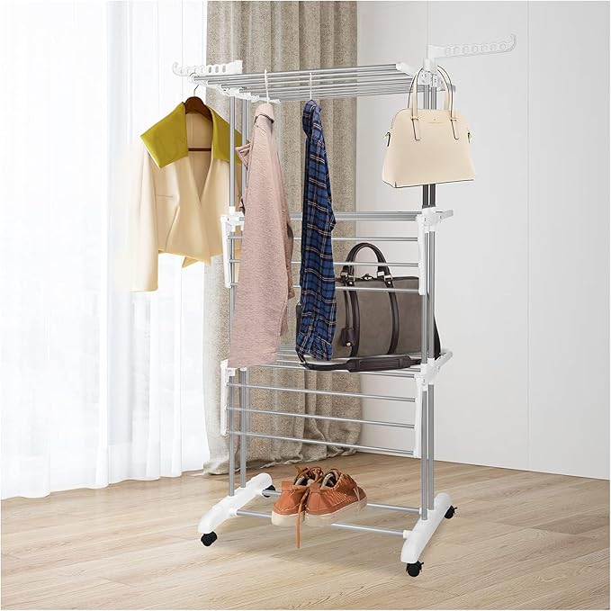 Bigzzia Clothes Drying Rack, Folding Stainless Steel Drying Rack Clothing Indoor Outdoor, Space-Saving, 4 Tier Laundry Drying Rack with Two Side Wings -Grey White-Ruum Studio Home