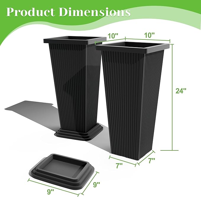FENCY Set of 2 Tall Planters for Outdoor Plants, 24 Inch Large Tapered Pots with Drainage Trays, Weather-Resistant Plastic Plant Containers for Patio, Porch, Garden, Front Door Decor,Black,Striped-Ruum Studio Home