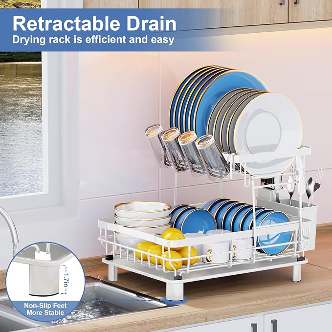 MOUKABAL Dish Drying Rack, 2 Tier Dish Rack, Large Dish Racks for Kitchen Counter, Dish Drainer with Removable Utensil Holder, Drainboard (White)-Ruum Studio Home