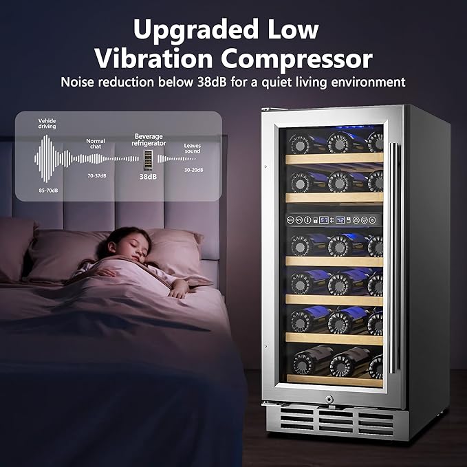 15 Inch Dual Zone Wine Refrigerator, 29 Bottle Under Counter Wine Fridge, Wine Refrigerator for Built-In or Freestanding, Wine Cooler with Removable Shelves, Double-Layer Glass Door, for Home-Ruum Studio Home