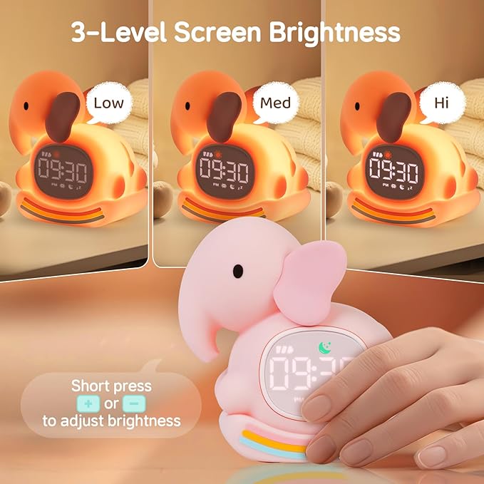 Alarm Clock for Kids with Night Light, Sleep Training Clock Time to Wake Clock, Rechargeable Silicone Light for Bedroom, Perfect Sleep Companion for Boys Girls, Pink Elephant-Ruum Studio Home