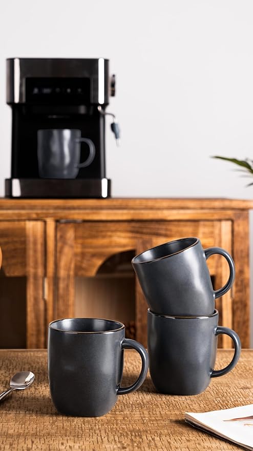 famiware Coffee Mugs Set of 4, Ocean Square 13oz Coffee Cup Set with Handle for Cocoa, Milk, Hot Chocolate, Tea, Water, Stoneware Cups for Kitchen, Microwave and Dishwasher Safe, Matte Black-Ruum Studio Home