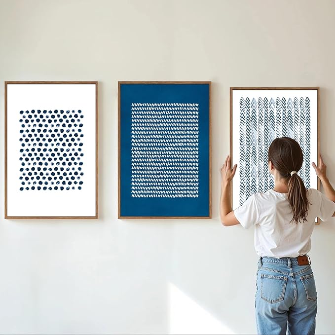 Tinonedraw Navy Blue White Framed Canvas Wall Art Set, Modern Geometric Dots Line Wall Decor, Neutral Abstract Shape Artwork, Cozy Contemporary Art Prints for Bedroom Living Room Office 16"x24"x3-Ruum Studio Home