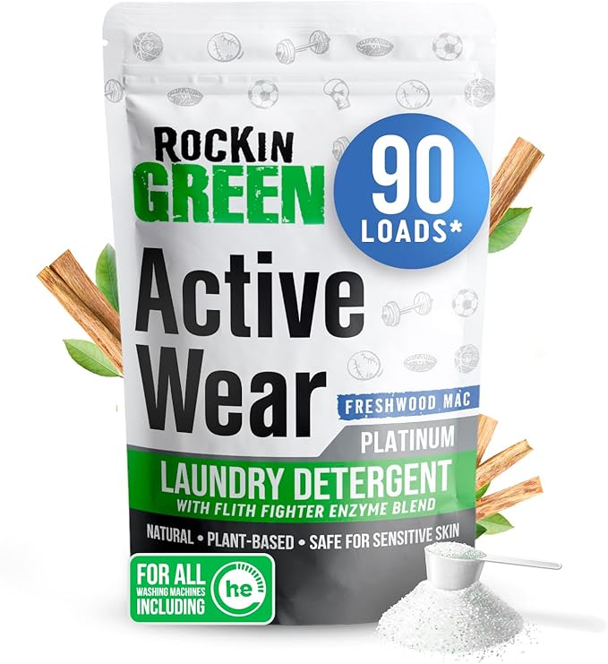 Rockin' Green Laundry Detergent, Plant based, All Natural Laundry Detergent Powder, Vegan and Biodegradable Odor Fighter, Safe for Sensitive Skin (Active Wear 90 Loads - Freshwood Mac)-Ruum Studio Home
