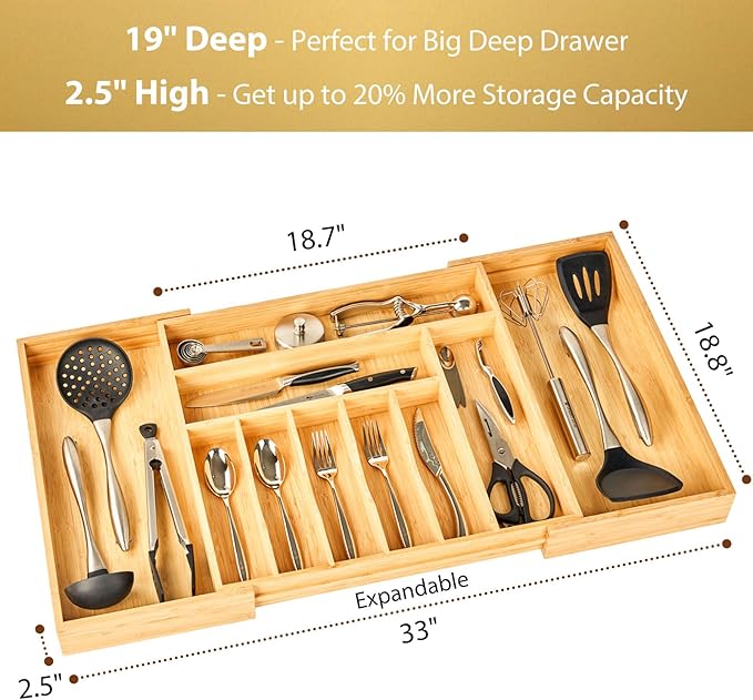 Umilife Extra Large Expandable Kitchen Siverware Utensils Drawer Organizer, 19" Deep for Big Drawer, Adjustable Bamboo Wood Drawer Divider with Curved Grooves, Cutlery Tray Flatware Holder-Ruum Studio Home