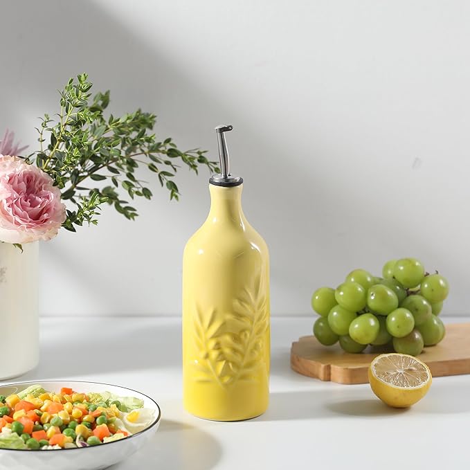 Sweejar Ceramic Olive Oil Dispenser Bottle, 20 Oz Relief Opaque Oil Cruet Protects To Reduce Oxidation, Suitable for Storage Soy Sauce, Coffee Syrup, Liquids, Set of 1 (Gradient Yellow)-Ruum Studio Home