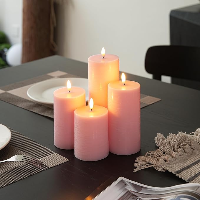 LUSHABOR Flameless Candles, 4 Pack Battery Operated Candles with Remote, Real Wax LED Fake Candles with Timer Flickering for Christmas Wedding Home Party D3 H 5" 6" 7" 9" Pink-Ruum Studio Home