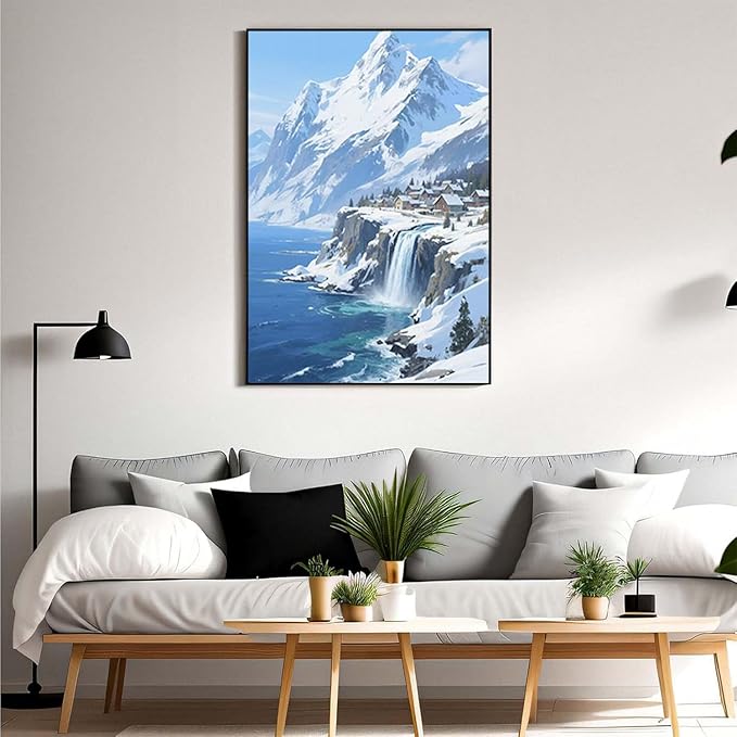 Winter lakeside town and snowy scenery merge together to form a landscape poster wall art suitable for living room bedroom and office-Ruum Studio Home