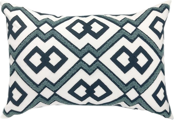 Alysheer Embroidered Lumbar Decorative Throw Pillow Cover 12"x 20", Classic Boho Geometric Embroidery Pattern Cotton Rectangular Cushion Case for Sofa Couch Living Room Bedroom (Navy Aqua)-Ruum Studio Home