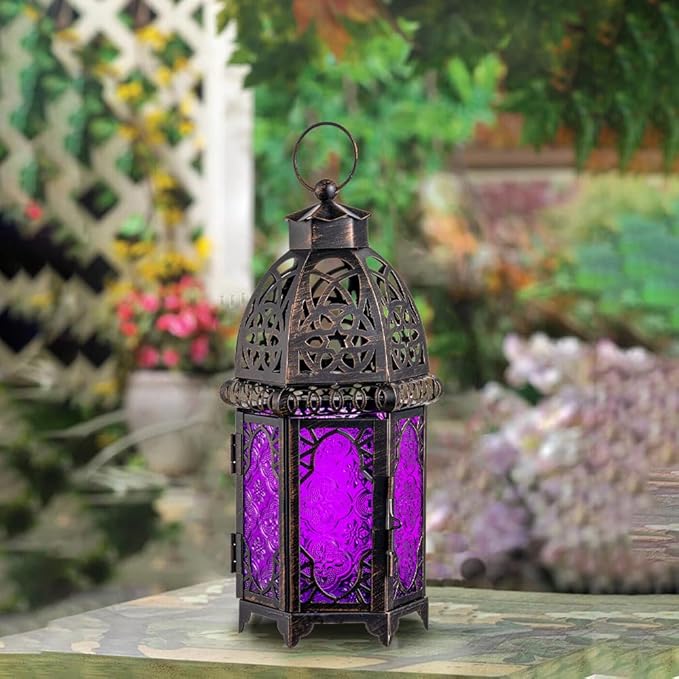 NEEDOMO Moroccan Candle Lantern, 12.8'' Hanging Lanterns Decorative Indoor Outdoor, Vintage Candle Holder for Chritsmas, Halloween, Table, Patio, Porch, Shelf, Gothic Home Decor (Purple)-Ruum Studio Home