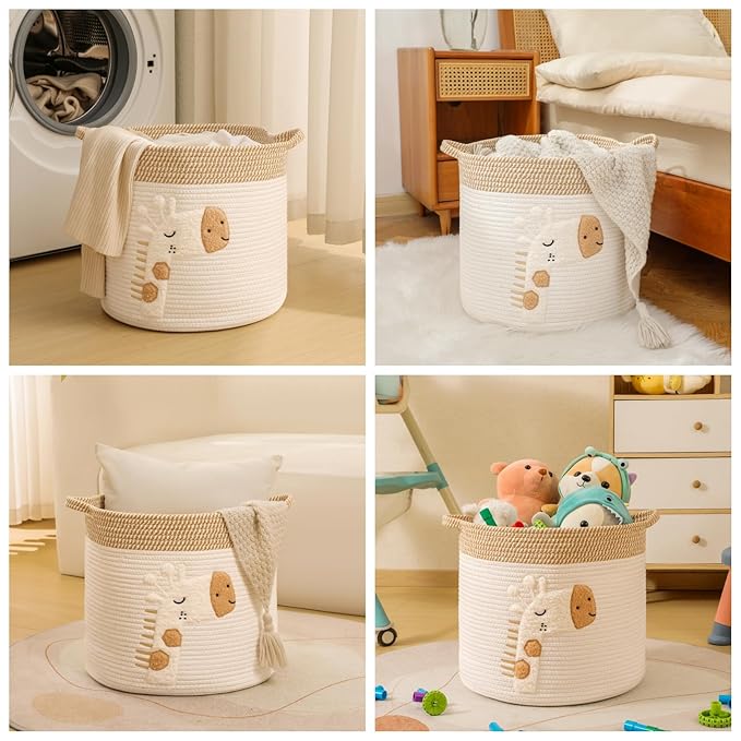 Large Blanket Baskets for Living Room Decor, Toy Storage Baskets Woven Cotton Rope Storage Basket for Kids, Dog Toys Organizer Clothes Hamper with Embroidery Decor for NurseryLaundry (Large, Giraffe)-Ruum Studio Home