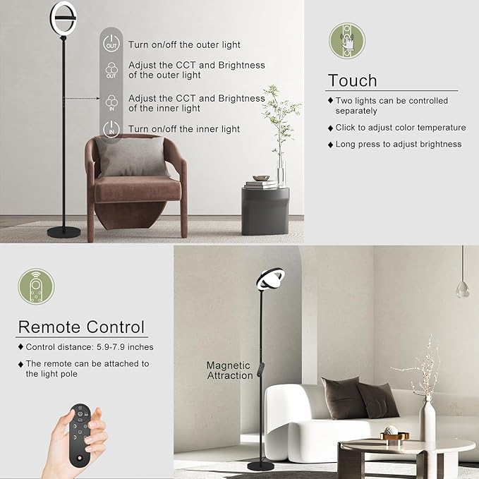 36W Bright LED Floor Lamp for Living Room with Remote, 75.5 Inch Tall Stepless Dimmable Standing Lamp for Office, Torchiere Floor Lamp with 2 Rotatable Lights 1900K-6500K for Bedroom-Ruum Studio Home