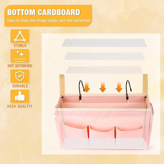 Bedside Organizer with Fixed Straps and Water Bottle Holder for Home, College, Dorm, Bunk, Hospital, Crib, Bed Rails - Pink-Ruum Studio Home