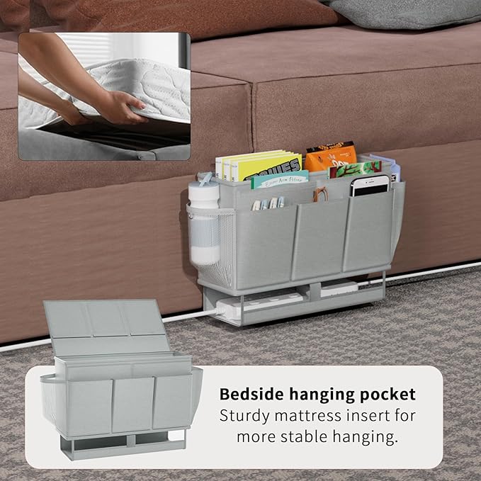 Bedside Caddy, Bed Organizer with 11 Pockets and Power Strip Holder, Versatile Bedside Storage Caddy for Home,Dorm,Bunk,Hospital,Crib Bed (2 Pack Grey)-Ruum Studio Home