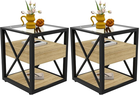 Farmhouse End Table Set of 2, Modern Side Table with Drawer&3-Tier Storage Shelf, Square Rustic Nightstand, Accent Tea Table, for Bedroom Office Living Room, Brown, Natural Wood, Glass, Metal-Ruum Studio Home