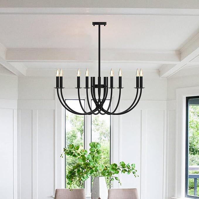 Large Black Chandeliers Light Fixture, Modern Candle Pendant Lighting, Round LED Hanging Lamp Ceiling for Bedroom Living Room Dining Room Kitchen Island Farmhouse (Black-C 8Lights)-Ruum Studio Home