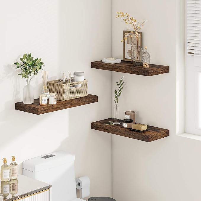 12" Deep Floating Shelves for Wall 24 Inches Long, Heavy Duty Wall Shelves for Bedroom Bathroom Kitchen Laundry Room, Farmhouse Rustic Shelves for Home Decor, 24" X 12" X 2" Set Of 2, Rustic Brown-Ruum Studio Home
