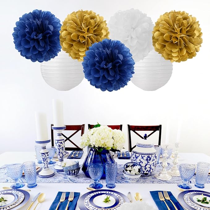 Navy-Blue Gold Party-Decorations Paper-Flowers Lanterns - 15PCS Royal White Baby Bridal Shower Tissue Pom Poms Streamers, Bachelorette Birthday Wedding Graduation Hanging Supplies Decor Hugfond-Ruum Studio Home