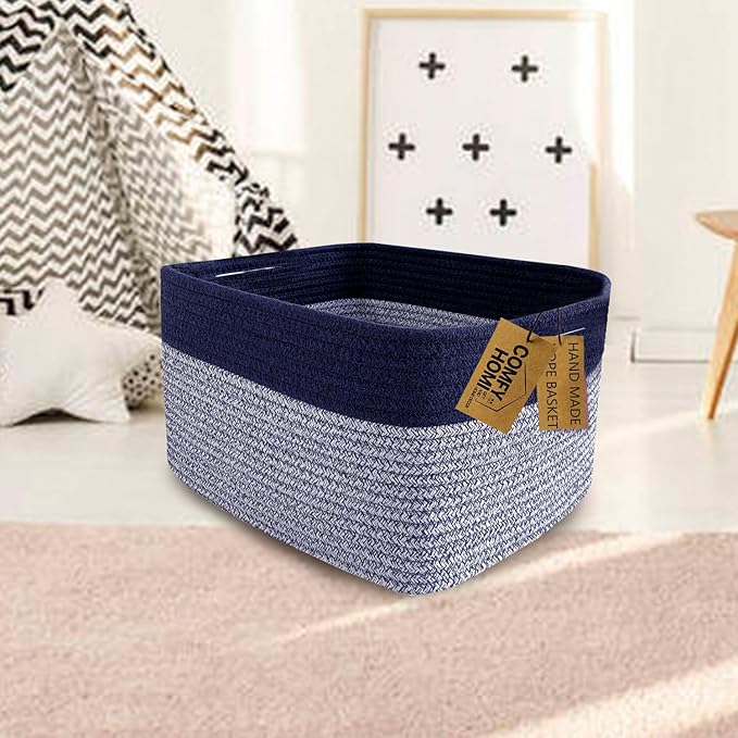 COMFY-HOMI 3PACK Rectangular Cotton Rope Basket With Handles for Shelves|Dog Toy|Baby Gift - Dark Blue (13.5" x 11" x 9.5")-Ruum Studio Home