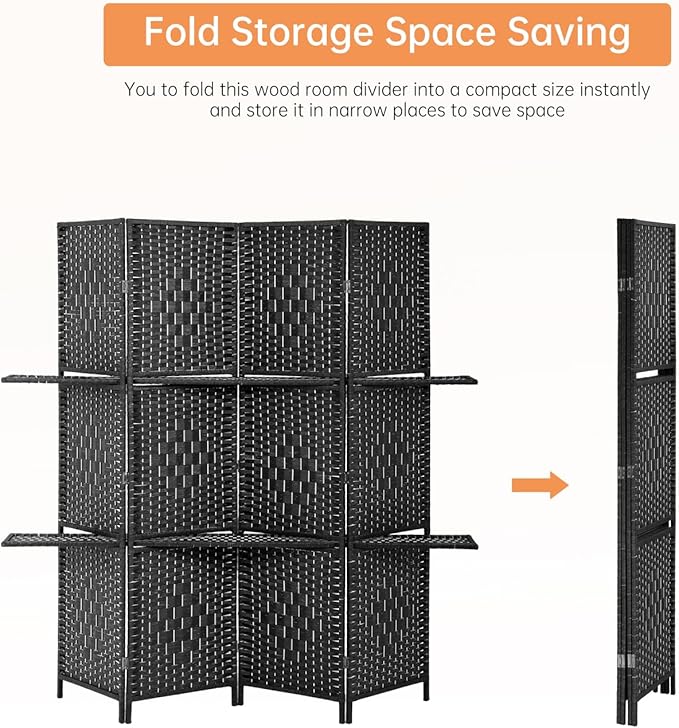 PayLessHere Room Divider Room Screen Divider Wooden Screen Folding Portable Partition Screen Wood with Removable Storage Shelves (Black, 4 Panel)-Ruum Studio Home