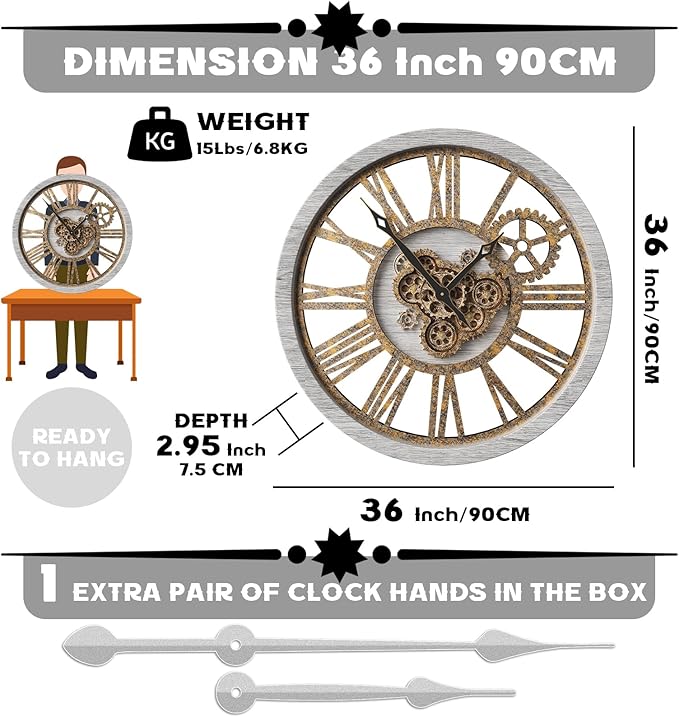 The B-Style Large Wall Clock 24 inch Moving Gear Wall Clock Oversized Vintage Farmhouse Wall Clocks for Living Room Decor Rustic Industrial Wood Clock (Silver Gray, 36 inch/90cm)-Ruum Studio Home