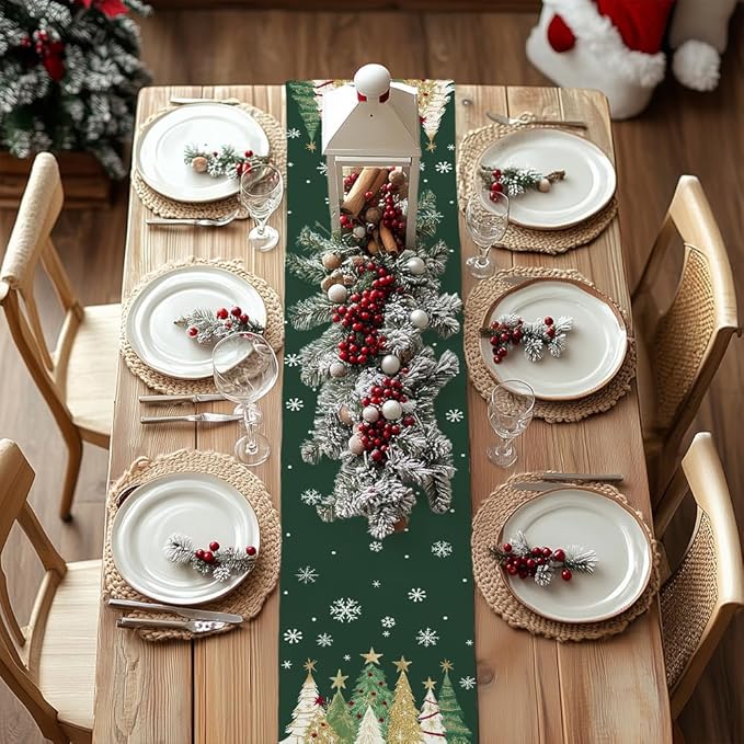 GEEORY Christmas Table Runner 13x48 Inch, Xmas Trees Snowflakes Holiday Decorative Farmhouse Table Decoration for Kitchen Dinning, Indoor Outdoor Dinner Party Decor (Green) GT152-48-Ruum Studio Home