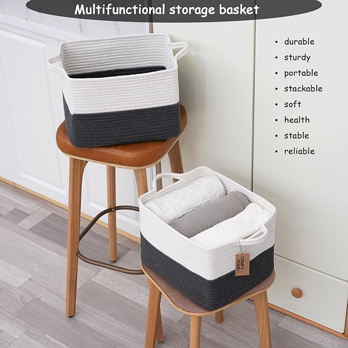 COMFY-HOMI Cotton Rope Woven Basket with Handles for Shelves,Toys,Book, Cloth Storage Baskets Bin for Organizing-13.5"x11"x9.5" Toy Decorative Organizer for Living Room, Bathroom-White/Dark Grey-Ruum Studio Home