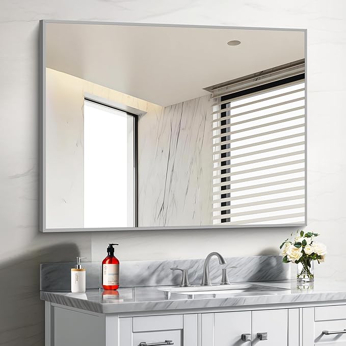 30x40In Silver Bathroom Mirror for Wall, Brushed Nickel Rectangle Mirrors with Metal Frame, Bathroom Rectangular Mirror Modern Wall Mirror for Bedroom Living Room, Hangs Horizontal or Vertical-Ruum Studio Home