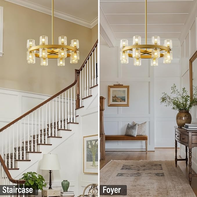 Gold Chandelier Light Fixture Kitchen and Dining, 16-Lights Modern Chandeliers for Dining Room, 18" Farmhouse Kitchen Pendant Lights Over Table, Crystal Wagon Wheel Chandelier(Bulbs Included)-Ruum Studio Home