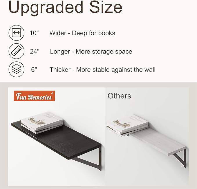 Deep Black Floating Shelves for Wall, 24"W x 10"D Wall Shelves Set of 2, 10 Inch Deep Floating Shelf with Brackets, Wide Display & Storage Shelves for Books, Living Room, Kitchen, Bathroom-Ruum Studio Home