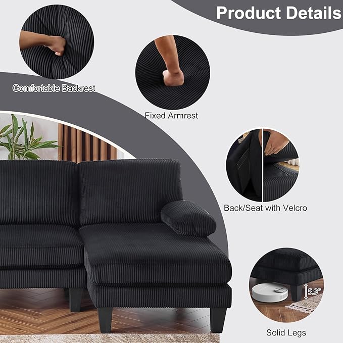 Karl home U-Shape Sectional Sofa Couch 111" Modern 4-Seat Sofa with Chaises Corduroy Fabric Upholstered Covertible Couch with Wood Grain Legs for Living Room, Reception Room, Apartment, Black-Ruum Studio Home