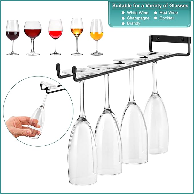 Sorbus Wine Glass Holder - 12 Inch Wall Mounted Wine Glass Rack for Under Cabinet Organization and Storage - Kitchen Shelves for Home Bar Holds Up to 4 Stemware Wine Glasses Each, 16 Total (4 Pack)-Ruum Studio Home