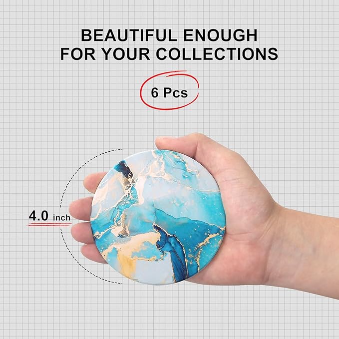 6 Pcs Light Blue Marble Abstract Ceramic Coasters with Holder Best Round Drink Absorbent Coasters for Desk, Lounge, Coffee, Wine, Beverage, Dining Table Decor, Bar Coaster Set-Ruum Studio Home