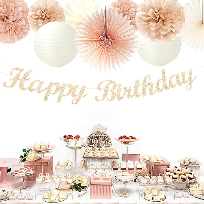 Champagne Rose-Gold Beige Birthday Party-Decorations - 14pcs Happy Banner Boho Lanterns Tissue Pom Poms,Rustic Streamers Garland Fans,Neutral One Sweet Peach Girls Women Hanging Supplies Decor Hugfond-Ruum Studio Home