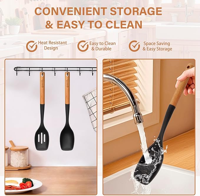Large Silicone Cooking Spoon Set, 2 Pack Solid Slotted Spoon with Wooden Handle, Nonstick Silicone Kitchen Spoons for Cooking, Heat Resistan Spatula Set for Serving, Basting, Mixing (Black)-Ruum Studio Home