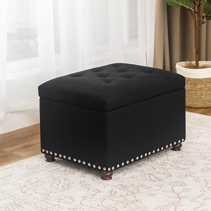 Joveco Storage Ottoman Bench, Rectangle 24″ Linen Foot Rest Stool Square Footstool for Living Room, Bedroom, Black-Ruum Studio Home