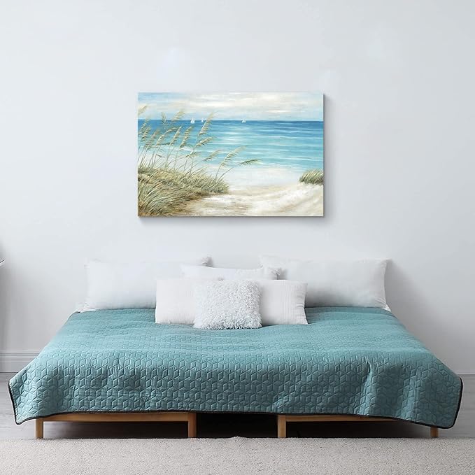 Beach Coastal Canvas Wall Art: Sea Reed Hand Painting Vintage Abstract Blue Ocean Boat Nautical Pictures Modern Seascape Grass Path Artwork Decor for Bathroom Bedroom-Ruum Studio Home