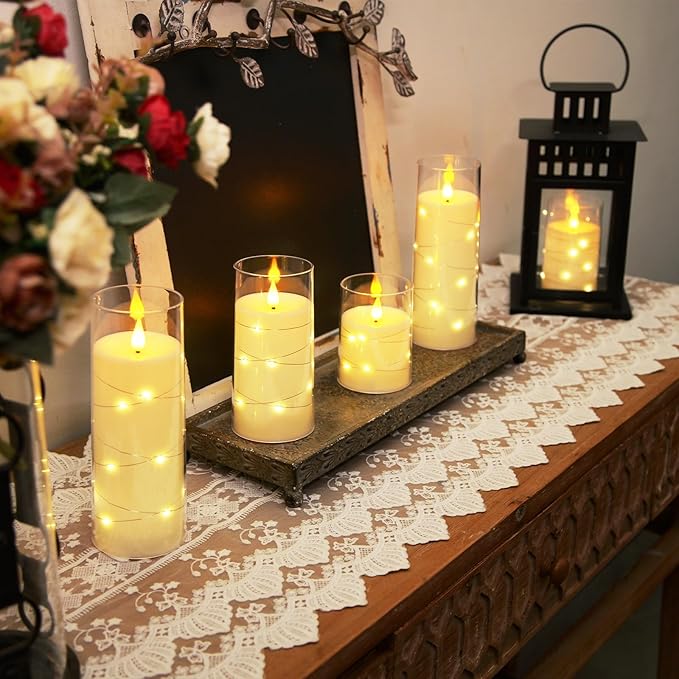 Homemory Pure White Flameless Candles with Embedded Star String Fairy Lights, Battery Operated Candle, LED Candles, Fake Candles with Remote Control and Timer, Set of 5(H4 5" 6" 8" 8")-Ruum Studio Home