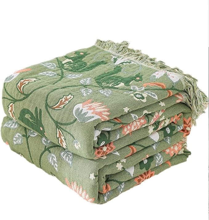 Snycler Boho Throw Blanket for Bed - 100% Cotton Ultra Soft Rustic Quilt Green Blanket - Floral Printed Farmhouse Decor Bed Blankets, 80"×90" All Season Rustic Throw for Sofa Couch Chair-Ruum Studio Home