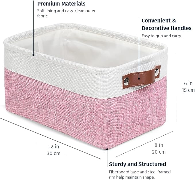 OrganiHaus Small Fabric Storage Baskets for Shelves 3 Pack, 12x8in Closet Storage Bins for Shelves, Cloth Baskets for Organizing, Linen Closet Organizers, Fabric Basket, Pink/White-Ruum Studio Home