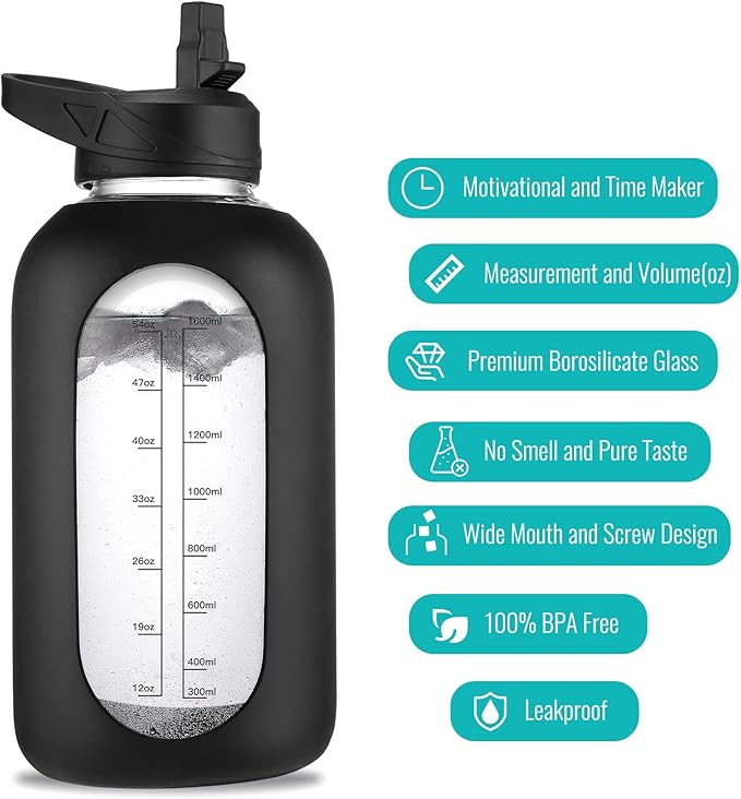 64 oz Glass Water Bottle With Straw and Handle, Half Gallon Sports Motivational Water Jug Flask with Silicone Sleeve, Large Water Cup with Time Marker for Travel, Gym, Sage-Ruum Studio Home