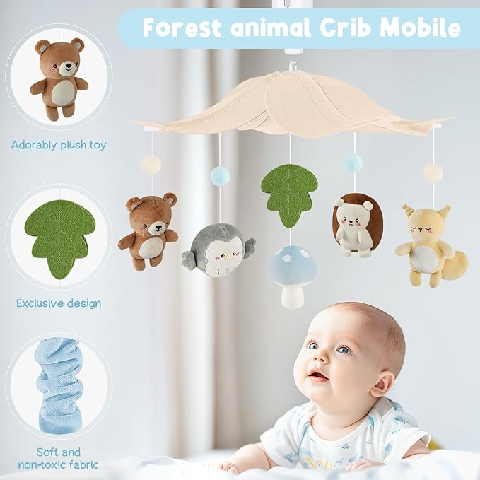 Woodland Crib Mobile – Forest Animals Baby Mobile for Crib with Upgraded 3-Mode Music Box, Blue Nursery Mobiles for Boys & Girls, Fits Standard Cribs, Forest Nursery Decor-Ruum Studio Home
