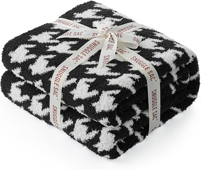 Snuggle Sac Houndstooth Throw Blanket for Couch, Reversible Super Soft Warm Blankets Cozy Knit Fuzzy Plush Lightweight Throws for Sofa, Bed, Camping, Black,50x60 inches-Ruum Studio Home