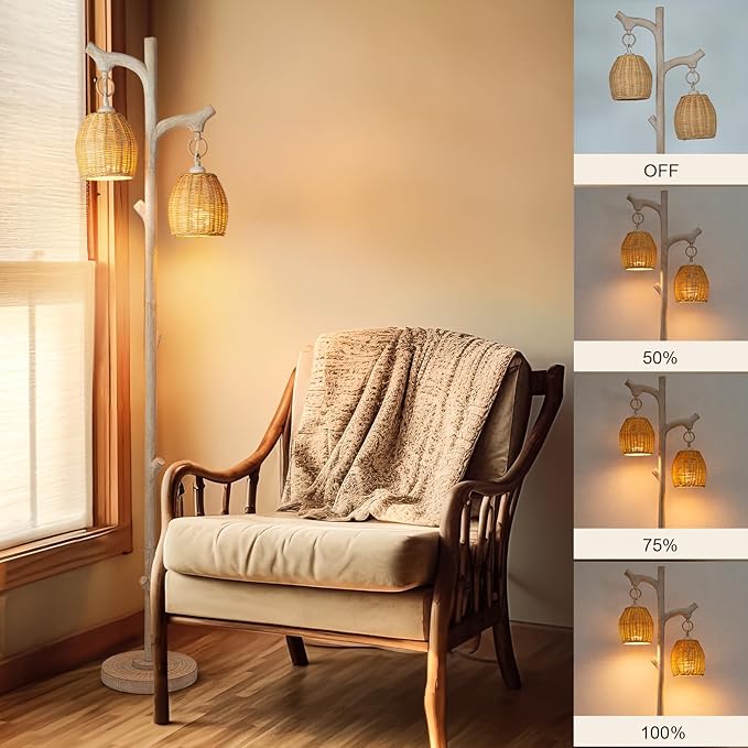 68" High Farmhouse Rustic Country Cottage Floor Lamp Tree Trunk Faux Wood Column White Washed Wicker Drum Shade Decor for Living Room Bedroom Reading Room-Ruum Studio Home
